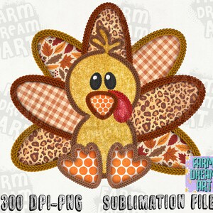 May include: A digital illustration of a Thanksgiving turkey with a patchwork design. The turkey is brown, yellow, and orange with a red wattle. The turkey's feathers are made of different patterns, including plaid, leopard print, and autumn leaves.