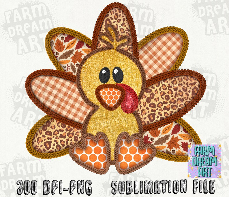 May include: A digital illustration of a Thanksgiving turkey with a patchwork design. The turkey is brown, yellow, and orange with a red wattle. The turkey's feathers are made of different patterns, including plaid, leopard print, and autumn leaves.