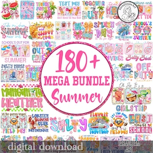 May include: A digital download graphic bundle with over 180 summer-themed designs. The designs feature colourful text and illustrations, including phrases like "Summer," "Salty," and "Girls Trip." The image has a pink circular text that says "180+ MEGA BUNDLE Summer."