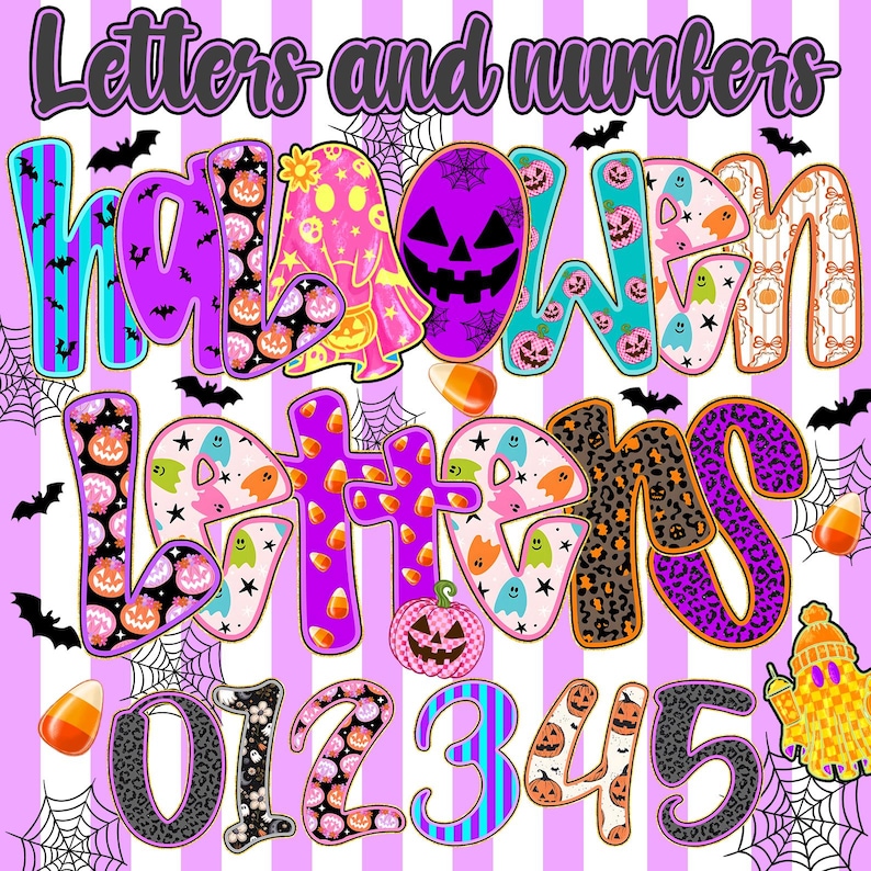 Puede incluir: Un dise&ntilde;o colorido con tem&aacute;tica de Halloween con las palabras "Letters and Numbers" y "Halloween Letters". El dise&ntilde;o incluye calabazas, fantasmas, murci&eacute;lagos y caramelos de ma&iacute;z sobre un fondo a rayas.