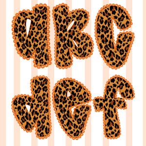 May include: A collection of uppercase letters, A, B, C, J, G, and F, in a leopard print design. Each letter is outlined with a scalloped orange trim. The background features vertical stripes in light orange and white.