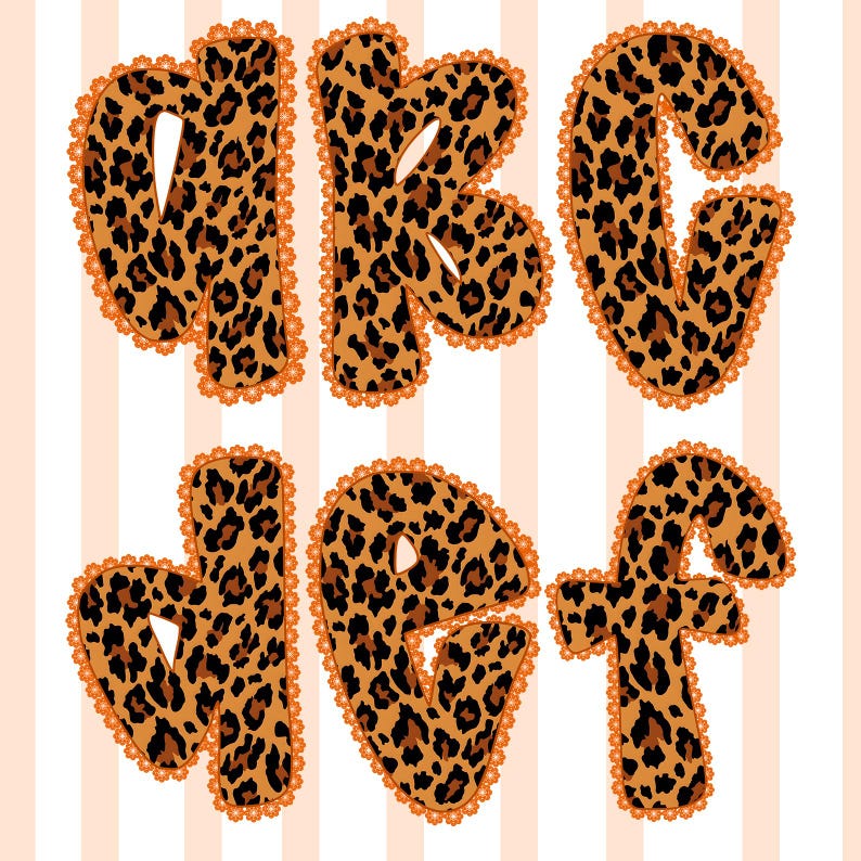 May include: A collection of uppercase letters, A, B, C, J, G, and F, in a leopard print design. Each letter is outlined with a scalloped orange trim. The background features vertical stripes in light orange and white.