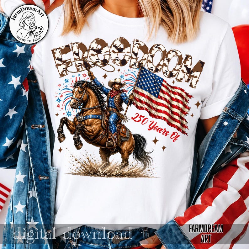 May include: White t-shirt featuring a cowboy riding a horse, holding an American flag. The word "FREEDOM" is above the image, with "250 Years Of" below. The design includes fireworks and stars, celebrating American heritage.