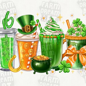 May include: Three green, orange, and white beverages with whipped cream and shamrock decorations. The beverages are topped with a green leprechaun hat, a green pot of gold, and a green shamrock.