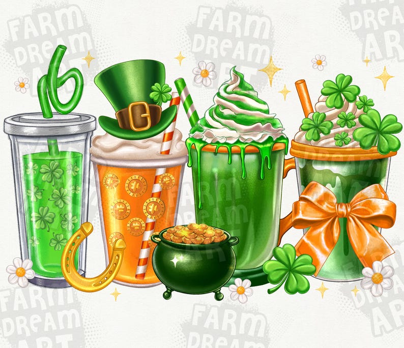 May include: Three green, orange, and white beverages with whipped cream and shamrock decorations. The beverages are topped with a green leprechaun hat, a green pot of gold, and a green shamrock.