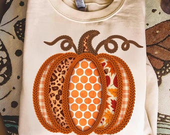 Fall Pumpkin Png,Autumn Embroidery Design,Patchwork Pumpkin Png,Thanksgiving Png File,Rustic Fall Sublimation,Leopard Pumpkin Design