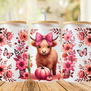 Pink Autumn Cow 16oz Glass Cup Wrap Png, Sublimation Design, 16oz Glass Cup Png, Fall Pumpkin, Autumn Cow png, highland cow,Sublimate Design