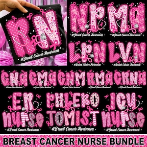 May include: A black t-shirt with the letters "RN" in pink, decorated with pink ribbons and a stethoscope, with the text "#Breast Cancer Awareness". The image also shows various pink text designs for nurses.