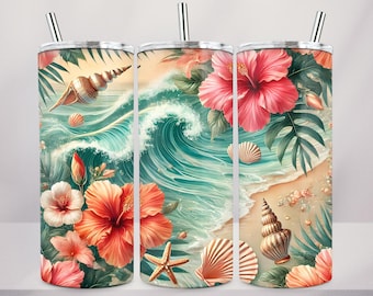 Beach Tumbler Wrap PNG,Floral Ocean Sublimation,Tropical Summer 20oz Wrap,Seashell Coastal Png, 20oz skinny tumbler png,Sunset Waves Tumbler