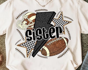 Football Sister Png,Game Day Sister Sublimation,Sports Sister Png Design,Glitter Football Png,Leopard Lightning PNG,Checkered Star PNG