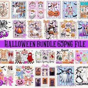 Könnte beinhalten: Eine Sammlung digitaler Halloween-Designs mit Geistern, Kürbissen, Fledermäusen und Schleifen. Die Designs sind in verschiedenen Stilen, darunter Cartoon und Vintage, mit dem Text "HALLOWEEN BUNDLE 65PNG FILE".