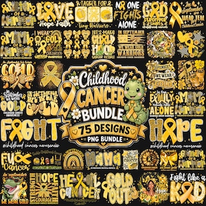 Puede incluir: Una colección gráfica digital con 75 diseños de concienciación sobre el cáncer infantil en amarillo y oro. El texto central dice Childhood Cancer Bundle 75 Designs PNG Bundle, junto a una ilustración de un dinosaurio verde y lazos dorados.