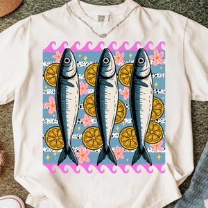 Sardine PNG Sublimation,Fish Lemon Retro Design,Mediterranean Kitchen PNG,Funny Sardine PNG,Seafood Sublimation Design,Retro Fish Png File