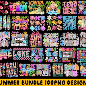 Op de afbeelding: Een set van 100 zomerse digitale ontwerpen met kleurrijke tekst en afbeeldingen. De ontwerpen bevatten zinnen zoals "The Beach is my Happy Place", "Tequila Sunshine", "Summer Vibes", "School's Out for Summer", "Respect the Locals", "Pour Me a Shot of Some Paradise", "Last Day of School", "Game On", "Explore Memories", "Adventure Time", "Cruise Life", "Sun Rays", "Lake Days", and "Grad Trip 2025".