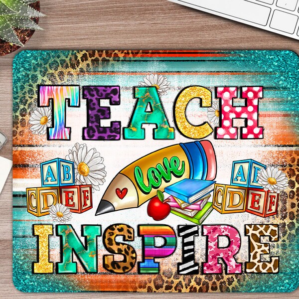Western Teach Love Inspire Mouse Pad Png Sublimation Design, Teachers' Day Mouse Pad Png, Teacher Pencil Png, Crayons Png, Downloads