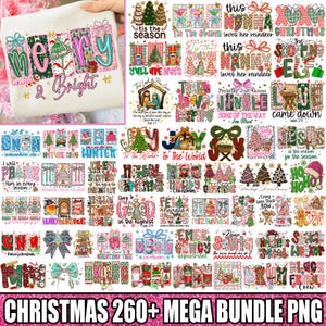 Pu&ograve; includere: Una collezione di design a tema natalizio con testi e grafiche festive. I design includono frasi come "Merry & Bright" e altri auguri di festa, insieme a immagini di alberi di Natale e ornamenti, perfetti per progetti stagionali.