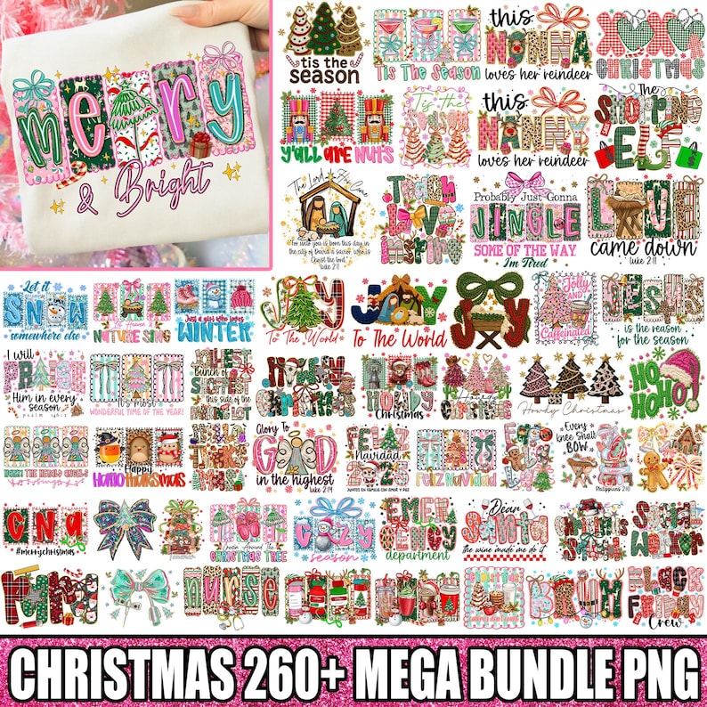 Pu&ograve; includere: Una collezione di design a tema natalizio con testi e grafiche festive. I design includono frasi come "Merry & Bright" e altri auguri di festa, insieme a immagini di alberi di Natale e ornamenti, perfetti per progetti stagionali.