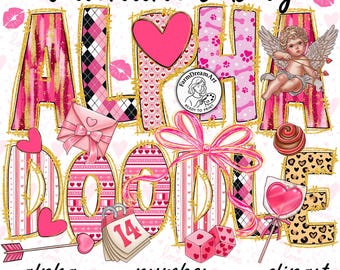 Valentine Alphabet PNG, Pink Doodle Letters, Cupid Clipart Bundle, Heart Numbers Sublimation, Valentine Font Graphics, Cute Letter Set PNG