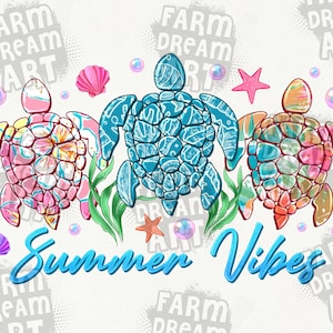 May include: Three colorful sea turtles with a summer vibes text overlay. The turtles are decorated with a mosaic of blue, pink, and orange. The background is white with a polka dot pattern.