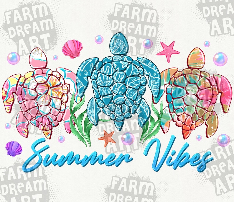 May include: Three colorful sea turtles with a summer vibes text overlay. The turtles are decorated with a mosaic of blue, pink, and orange. The background is white with a polka dot pattern.