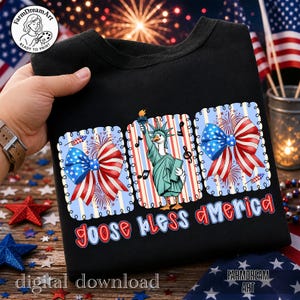 May include: Black t-shirt with a patriotic design featuring a goose dressed as the Statue of Liberty, surrounded by red, white, and blue bows and fireworks. The text "goose bless america" is displayed in a playful font.