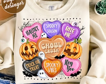 Candy Hearts Halloween Png, Retro Halloween Png,Halloween Sublimation Design,Spooky Vibes Png,Halloween Shirt Design, Pumpkin, Digital PNG