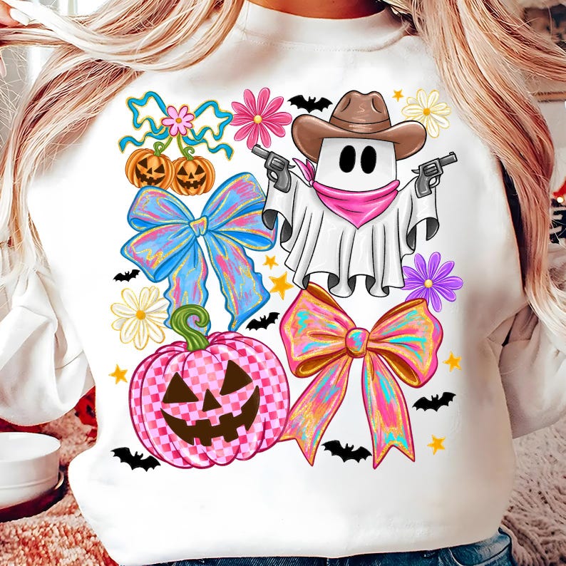 May include: White sweatshirt with a Halloween design. The graphic shows a ghost in a cowboy hat with guns, alongside pumpkins, bows, flowers, bats, and stars. The pumpkin is pink and checkered.