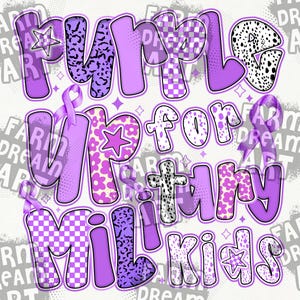 May include: Purple Up for Military Kids text with a purple ribbon, stars, and various patterned backgrounds.