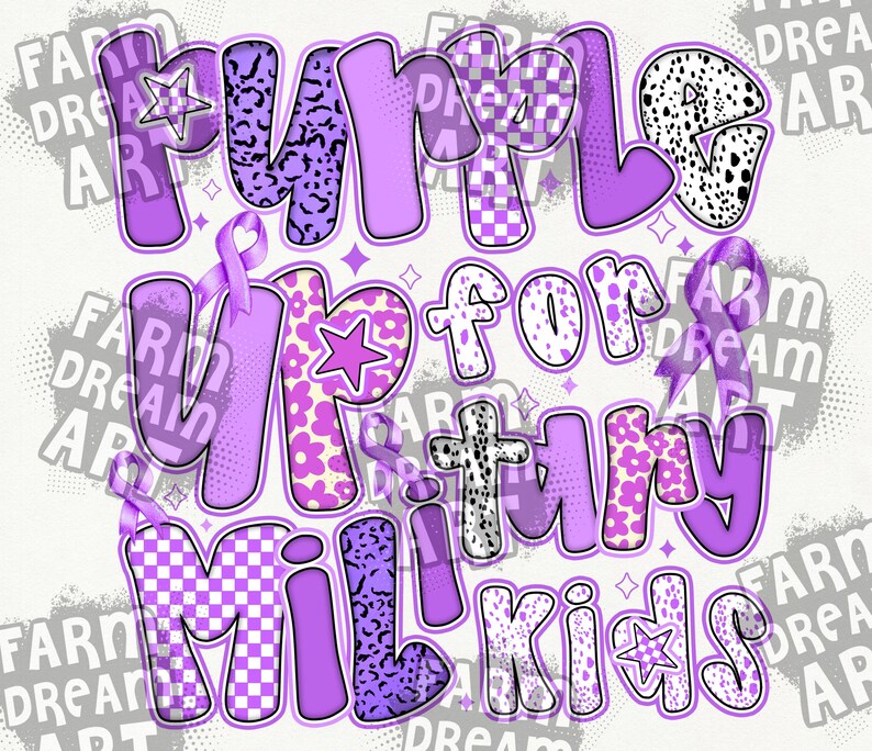 May include: Purple Up for Military Kids text with a purple ribbon, stars, and various patterned backgrounds.