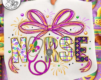 May include: A white graphic featuring the word "NURSE" in a decorative font, with a stethoscope and a large purple and gold bow. The letters are decorated with floral, plaid, and fleur-de-lis patterns. The words "digital download" are at the bottom.