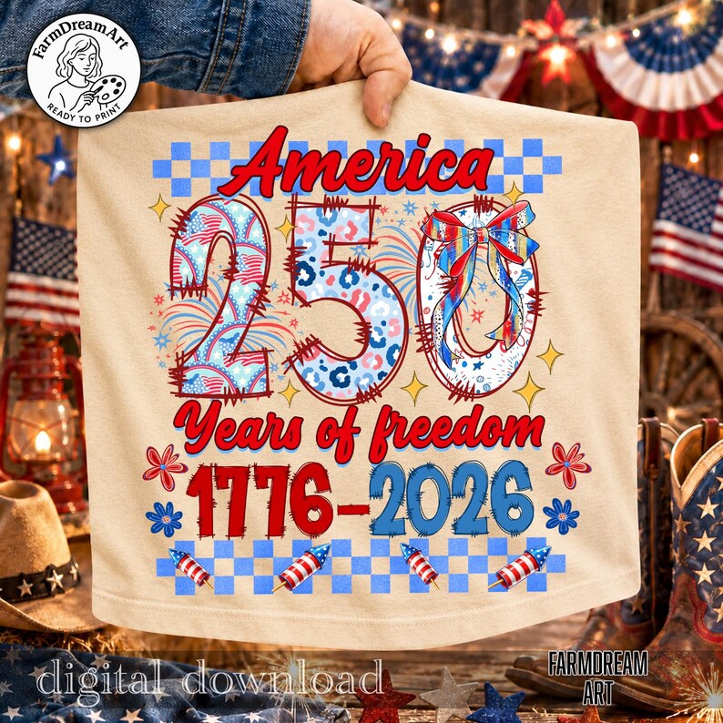 May include: A beige t-shirt featuring the text "America 250 Years of freedom 1776-2026" in red, white, and blue. The design includes fireworks, stars, and a checkered pattern, celebrating the 250th anniversary.