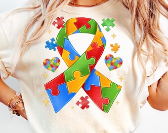 Autism Ribbon PNG,Puzzle Piece Awareness Png,Autism Awareness Clipart,Neurodiversity Sublimation,Colorful Puzzle Ribbon,Autism Advocacy Png