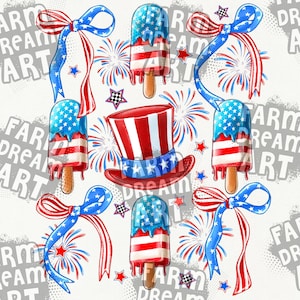 Puede incluir: Una ilustraci&oacute;n digital de paletas de hielo rojo, blanco y azul con un sombrero de copa rojo, blanco y azul. Las paletas de hielo est&aacute;n goteando con glaseado azul y rojo. El fondo es un patr&oacute;n de lunares blancos y grises.