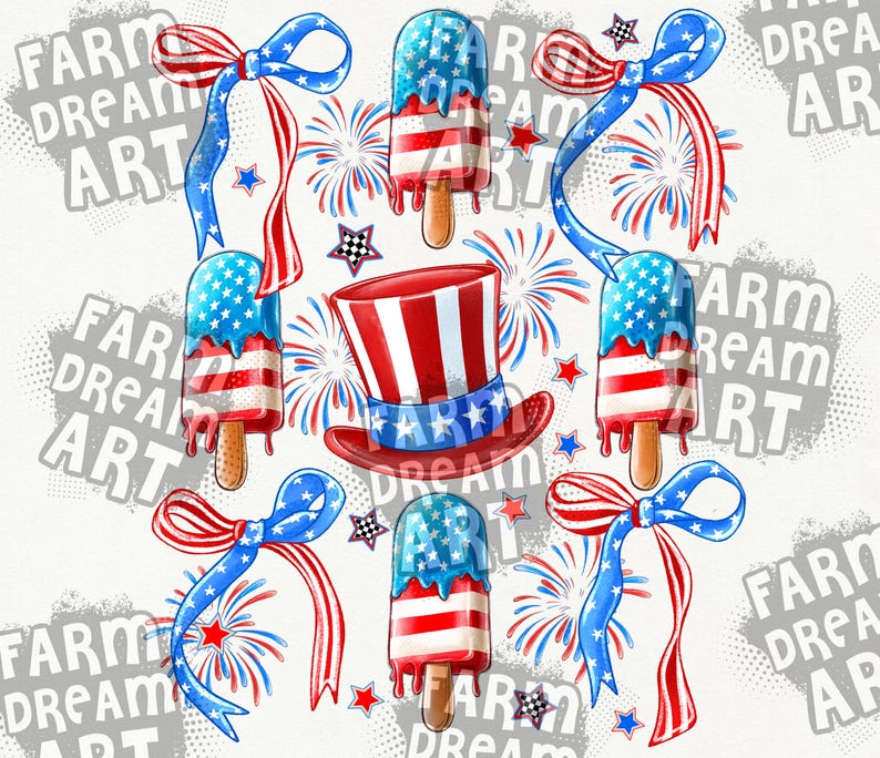 Puede incluir: Una ilustraci&oacute;n digital de paletas de hielo rojo, blanco y azul con un sombrero de copa rojo, blanco y azul. Las paletas de hielo est&aacute;n goteando con glaseado azul y rojo. El fondo es un patr&oacute;n de lunares blancos y grises.