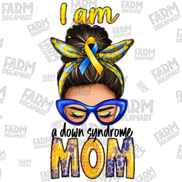 Down Syndrome Mom Life Woman With Bun Hairstyle Headband Eyeglasses Blue Ribbon PNG Designs