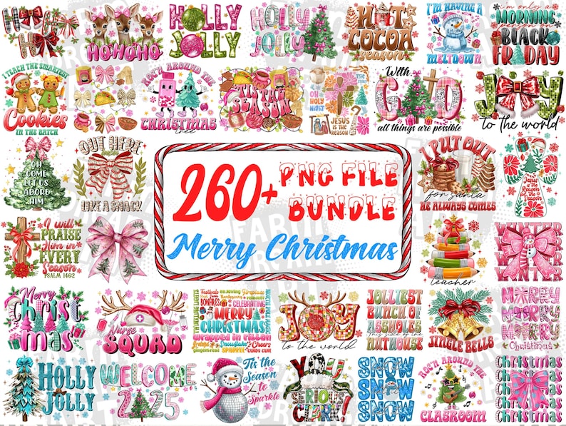 Pu&ograve; includere: Una raccolta di file PNG a tema natalizio. L'immagine presenta vari disegni con testo come "Merry Christmas", "Joy to the World" e "Snow". I disegni includono pupazzi di neve, fiocchi e alberi di Natale. Il testo centrale recita "260+ PNG File Bundle Merry Christmas."