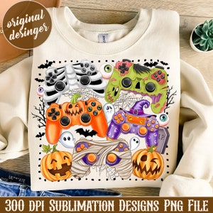 Könnte beinhalten: Ein Sublimationsdesign mit einer Sammlung von Halloween-Videospielcontrollern. Die Controller sind mit Kürbissen, Geistern, Skeletten und Mumien verziert. Das Design ist perfekt für die Erstellung von individuellen T-Shirts, Tassen, Tragetaschen und anderen personalisierten Artikeln.