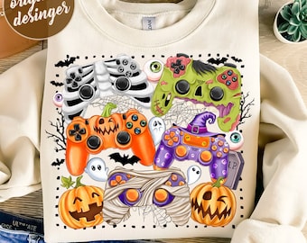 以下が含まれることがあります： ハロウィーンをテーマにしたビデオゲームコントローラーのコレクションをフィーチャーした昇華デザイン。コントローラーは、カボチャ、ゴースト、スケルトン、ミイラで飾られています。このデザインは、カスタムTシャツ、マグカップ、トートバッグ、その他のパーソナライズされたアイテムを作成するのに最適です。
