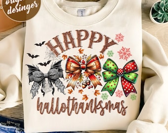 May include: A white sweatshirt with a brown glitter design that says "Happy Hallothanksmas" with a black, red, and green bow on each side of the text.