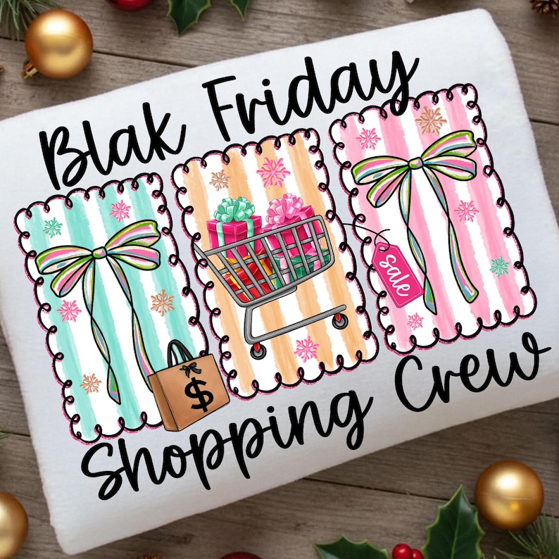 May include: White towel with the words "Blak Friday Shopping Crew" in black script. The design features three striped panels with bows, snowflakes, a shopping cart with gifts, a shopping bag, and a sale tag.