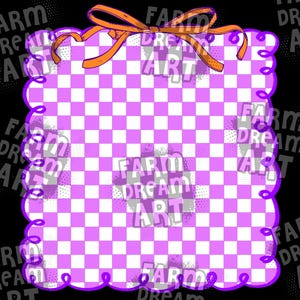 Puede incluir: Un dise&ntilde;o cuadrado con un patr&oacute;n de cuadros morados y blancos, un borde festoneado y un lazo naranja en la parte superior. Las palabras "FARM DREAM ART" est&aacute;n impresas en una fuente estilizada y descolorida en el dise&ntilde;o.