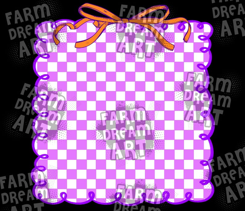 Puede incluir: Un dise&ntilde;o cuadrado con un patr&oacute;n de cuadros morados y blancos, un borde festoneado y un lazo naranja en la parte superior. Las palabras "FARM DREAM ART" est&aacute;n impresas en una fuente estilizada y descolorida en el dise&ntilde;o.