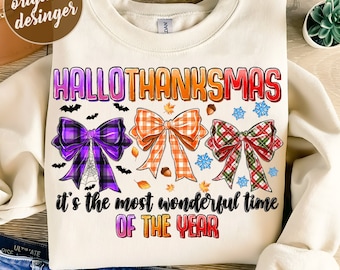 May include: A sublimation design featuring the text "HalloThanksmas" with three bows in purple, orange, and red plaid. The text "it's the most wonderful time of the year" is below the bows.