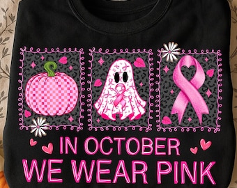 In October We Wear Pink PNG,Breast Cancer Awareness Sublimation,Pink Pumpkin Ghost,Cute Ghost Pink Ribbon Png,Halloween Cancer Awareness PNG