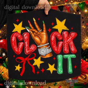 Puede incluir: Diseño gráfico negro con una mano con uñas largas y coloridas, un reloj con diamantes y las palabras "GLOCK IT" en rojo y verde. El diseño incluye estrellas amarillas y un lazo rojo. También son visibles las palabras "descarga digital".