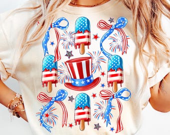 4th of July Ice Cream Coquette PNG,Patriotic Popsicle Sublimation,Red White Blue Bow,Fireworks and Ice Cream PNG,July 4th Hat and Bow PNG