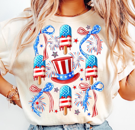 4th of July Ice Cream Coquette PNG,Patriotic Popsicle Sublimation,Red White Blue Bow,Fireworks and Ice Cream PNG,July 4th Hat and Bow PNG