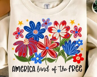 America Land Of The Free Png,Patriotic Floral PNG,4th of July Flowers Design,Red White Blue Floral,USA Patriotic Sublimation,Retro Patriotic