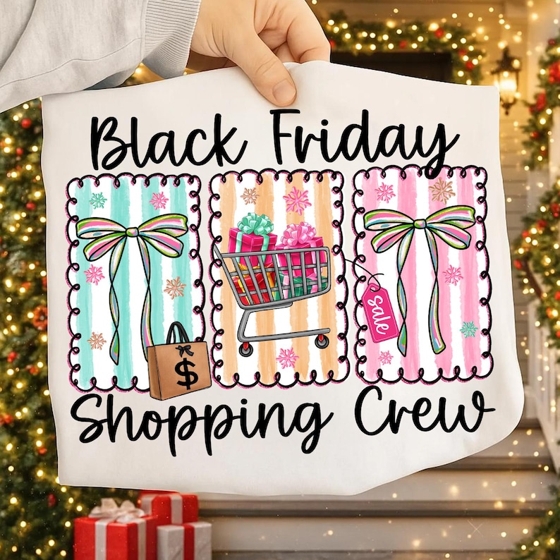 May include: White t-shirt with the text "Black Friday Shopping Crew". The design includes three rectangular panels with colorful striped backgrounds, bows, a shopping cart with gifts, and a shopping bag.