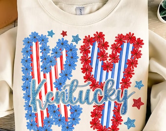 4th of July Kentucky Sublimation PNG,Floral Kentucky State PNG,Red White Blue KY Design,Patriotic State Sublimation,Kentucky Flowers Png